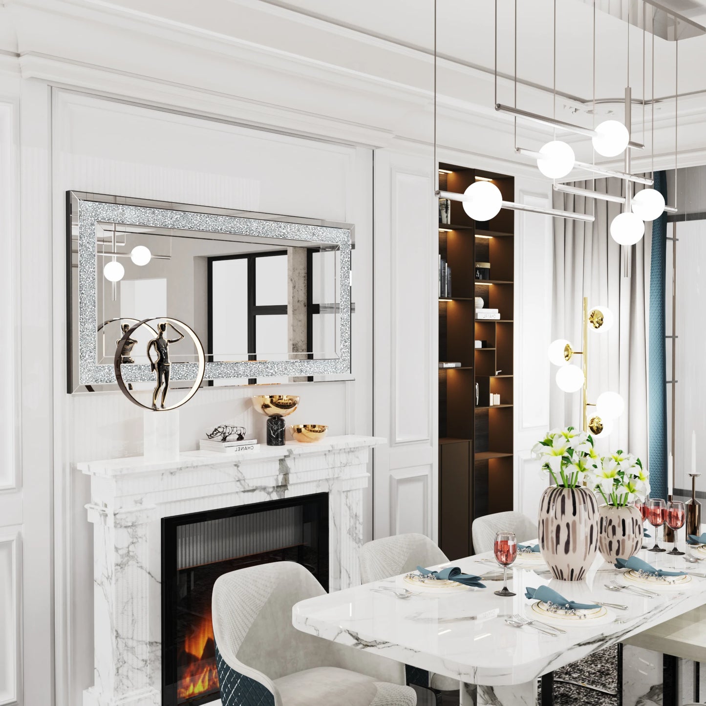 Crush Diamond Wall Mirror 48 By 24 Large Glam Silver Vanity With Beveled Glass