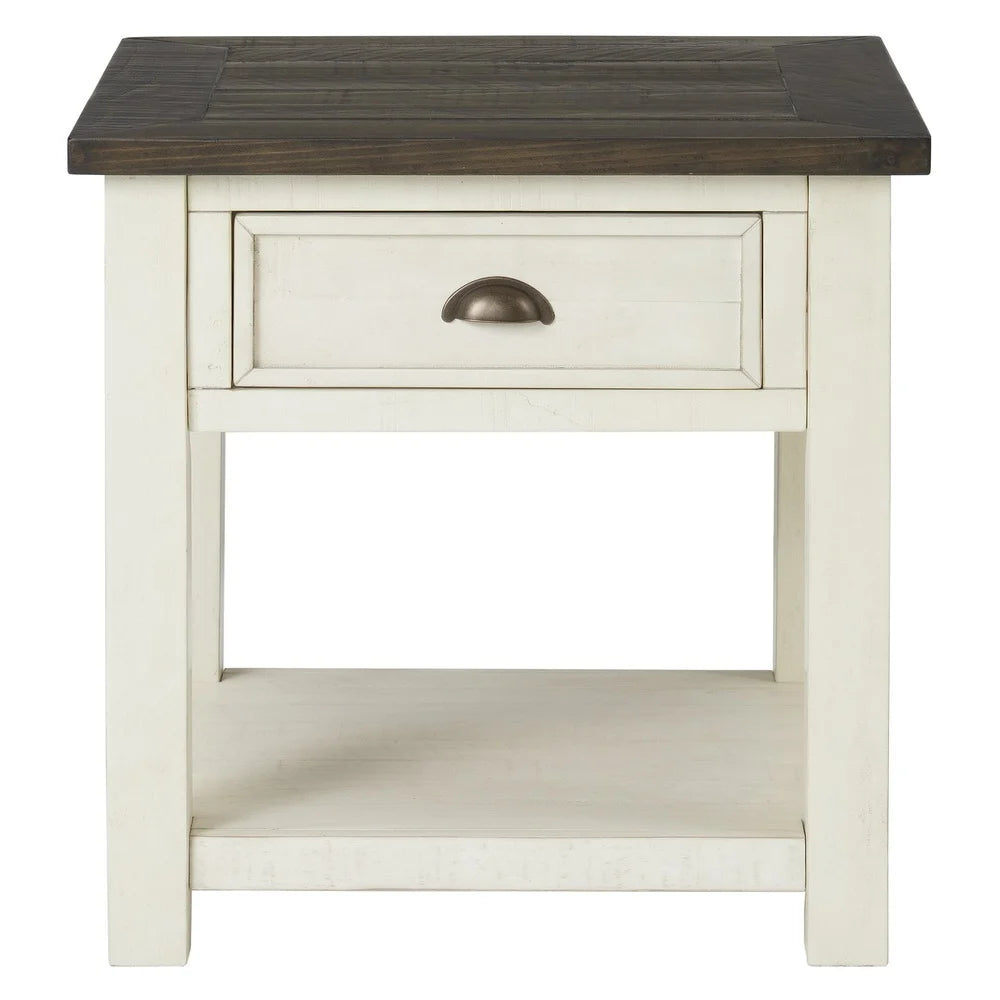 Coastal Farmhouse Style End Table Solid Pine Wood Storage Drawer Shelf Indoor Furniture Cream White Brown Finish