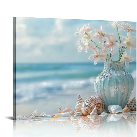 Coastal Happiness Beach Scene Canvas Wall Art With Flowers