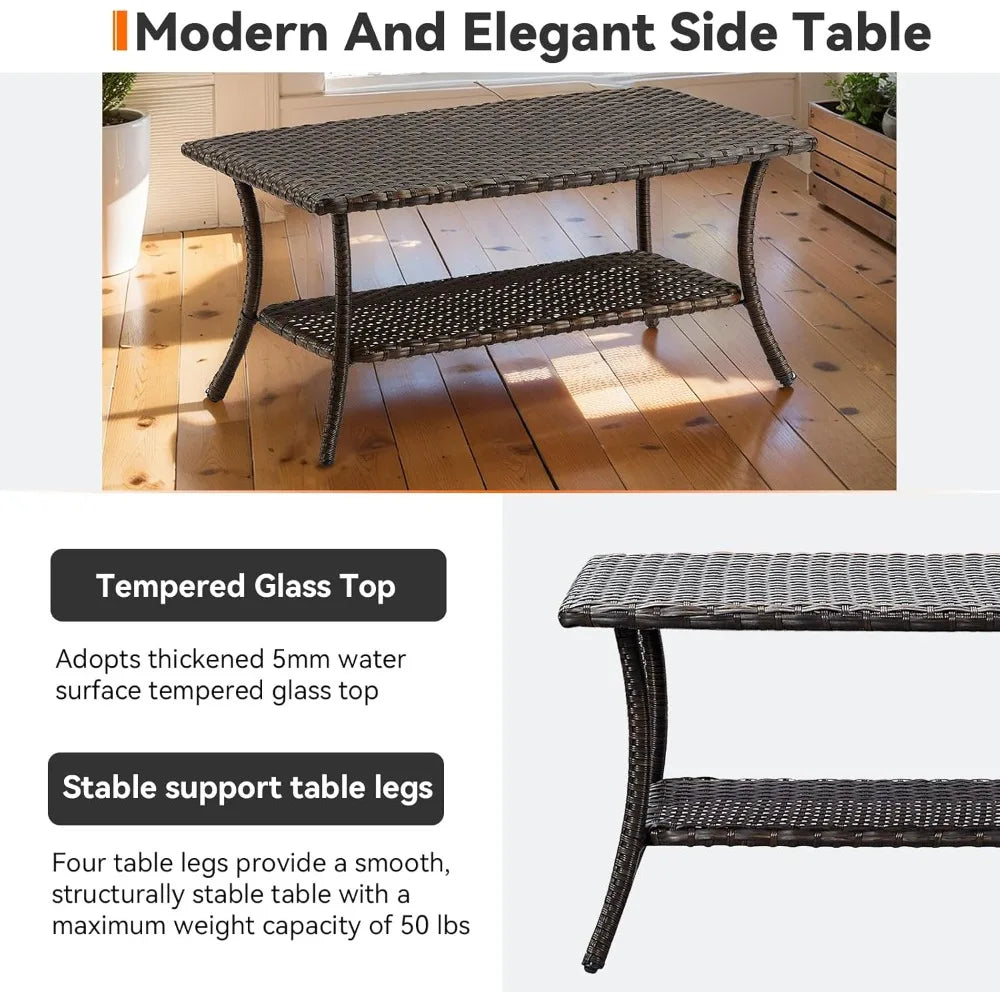 Outdoor Rattan Coffee Table With 2 Layer Storage For Garden Porch Backyard