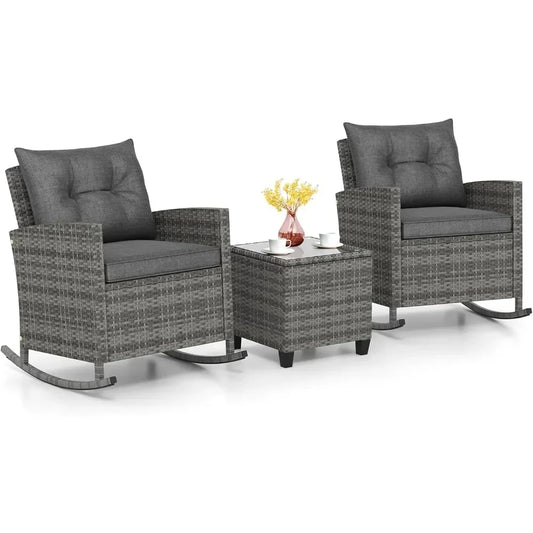 3 Piece Patio Rocking Bistro Set Wicker Outdoor Glass