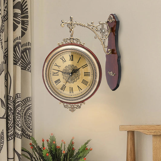European Art Double Sided Wall Clock Silent Retro Large Metal Wood Living Room Home Decor