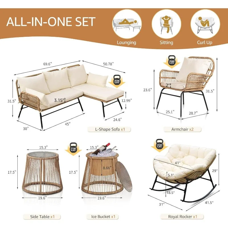 Bohemian Outdoor 7 Piece Wicker Patio Sectional Sofa With Rocker Chair Beige