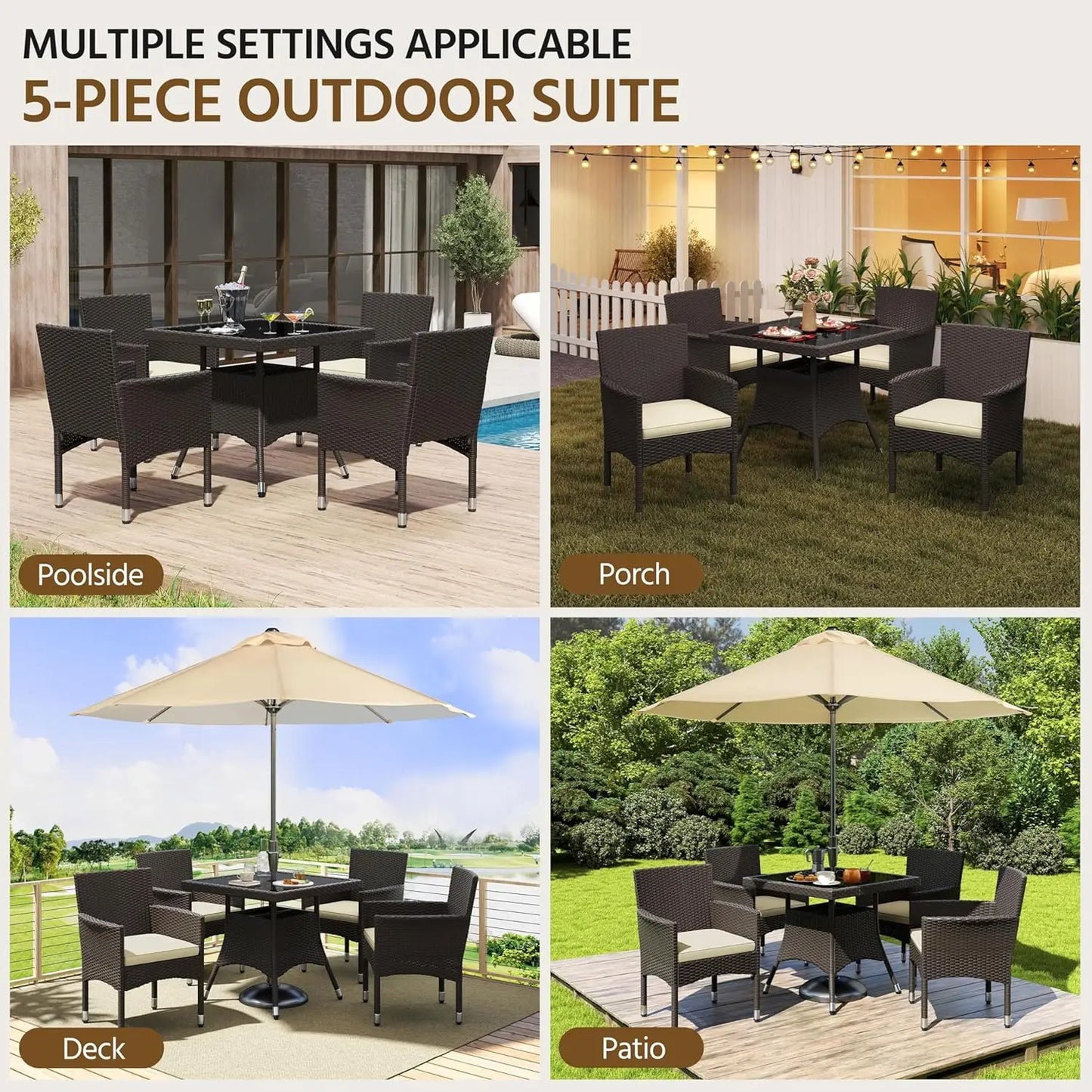 5 Piece Patio Rattan 4 Dining Chairs Tempered Glass Table