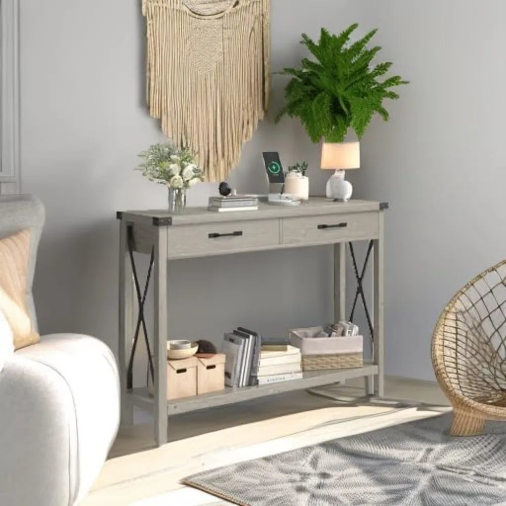 Farmhouse Console Table With 2 Drawers And Storage Shelf Accent Wood Sofa Table For Living Room 43 Inch Deep