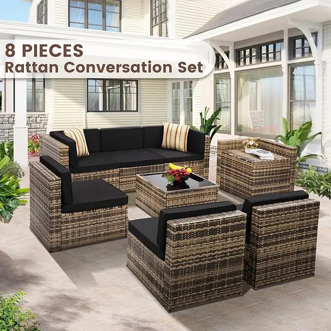 8 Pieces Outdoor Wicker Rattan Patio Furniture Sectional Set With Hidden Storage