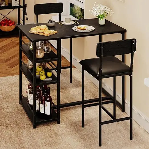3 Piece Bar Table Set With 2 Upholstered Stools And 3 Tier Storage Shelves Steel