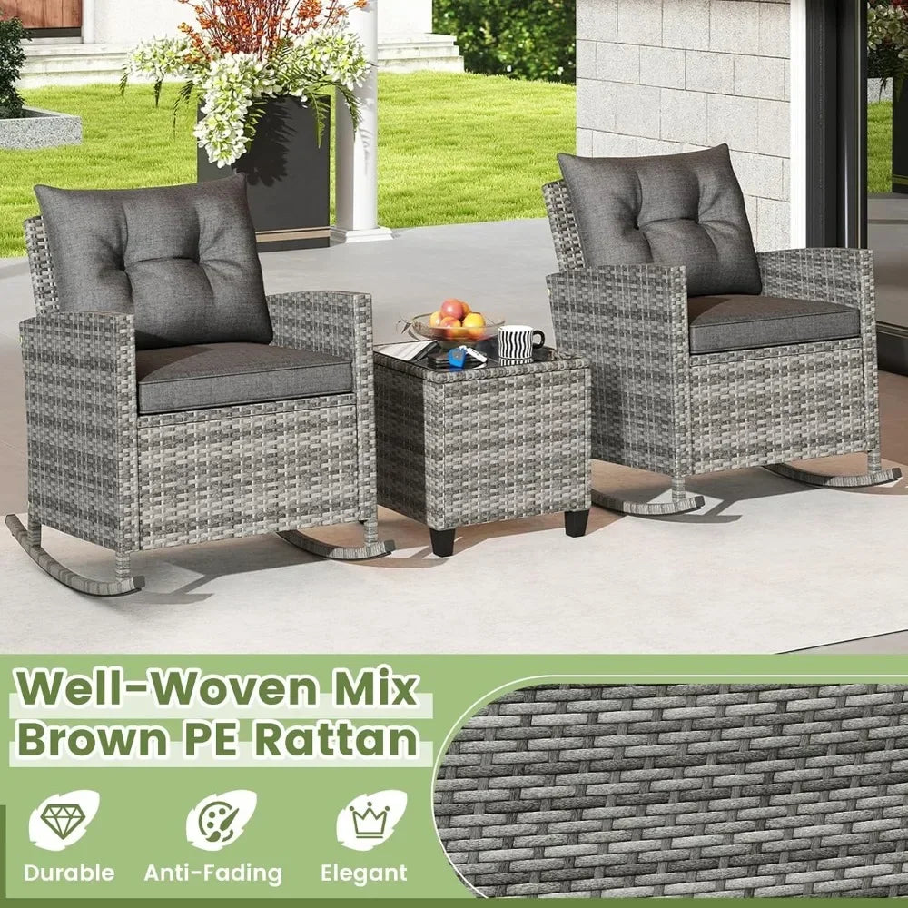 3 Piece Patio Rocking Bistro Set Wicker Outdoor Glass