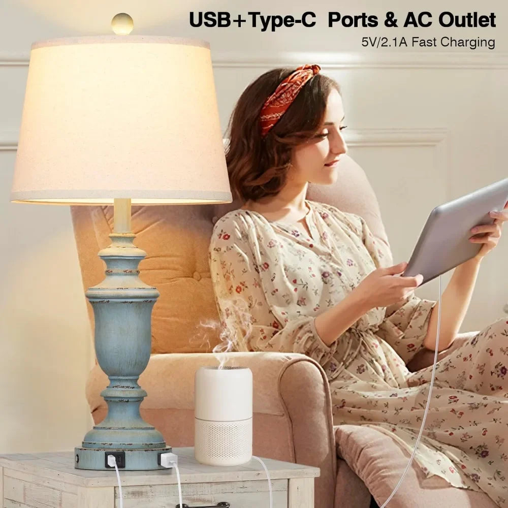 Coastal Table Lamps Set Of 2 With USB C Ports AC Outlet