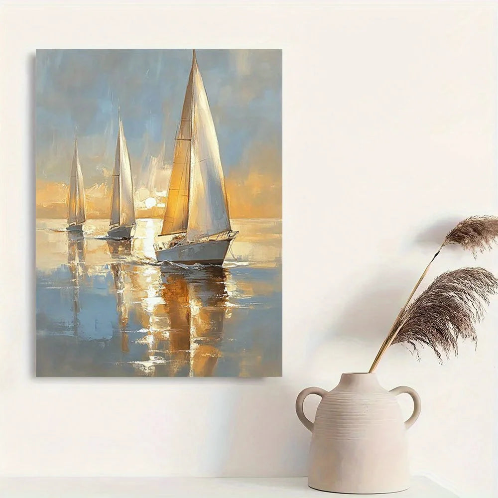Pastel Sailing Boat Canvas Art Framed In Wood Home Decor