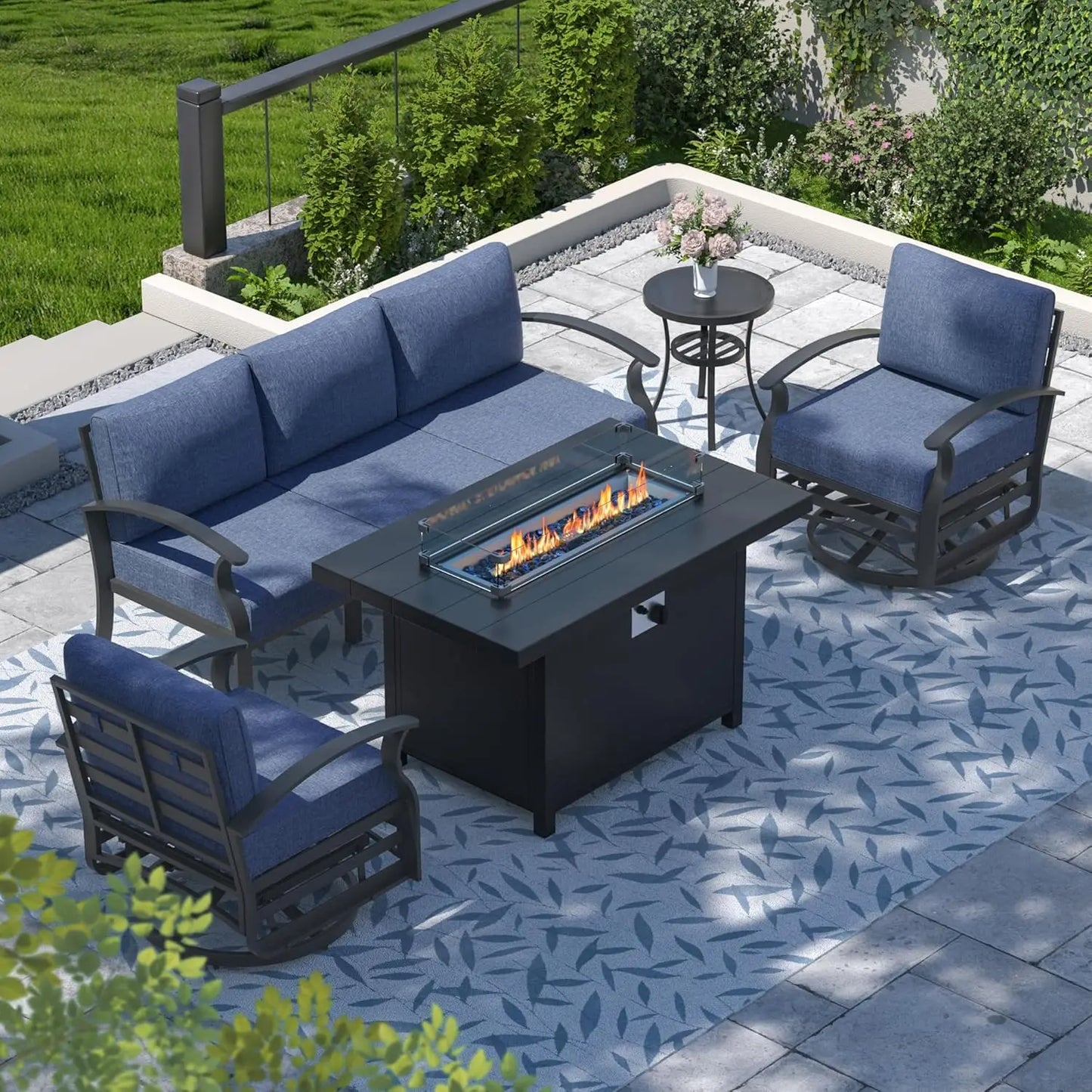 Aluminum Patio Set With Fire Pit And Cushioned Swivel Chairs