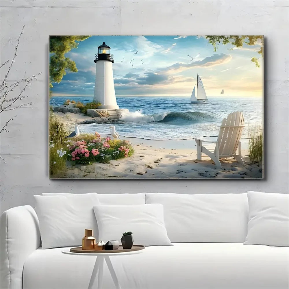 Coast Lighthouse Canvas Wall Art With Thick Pine Frame