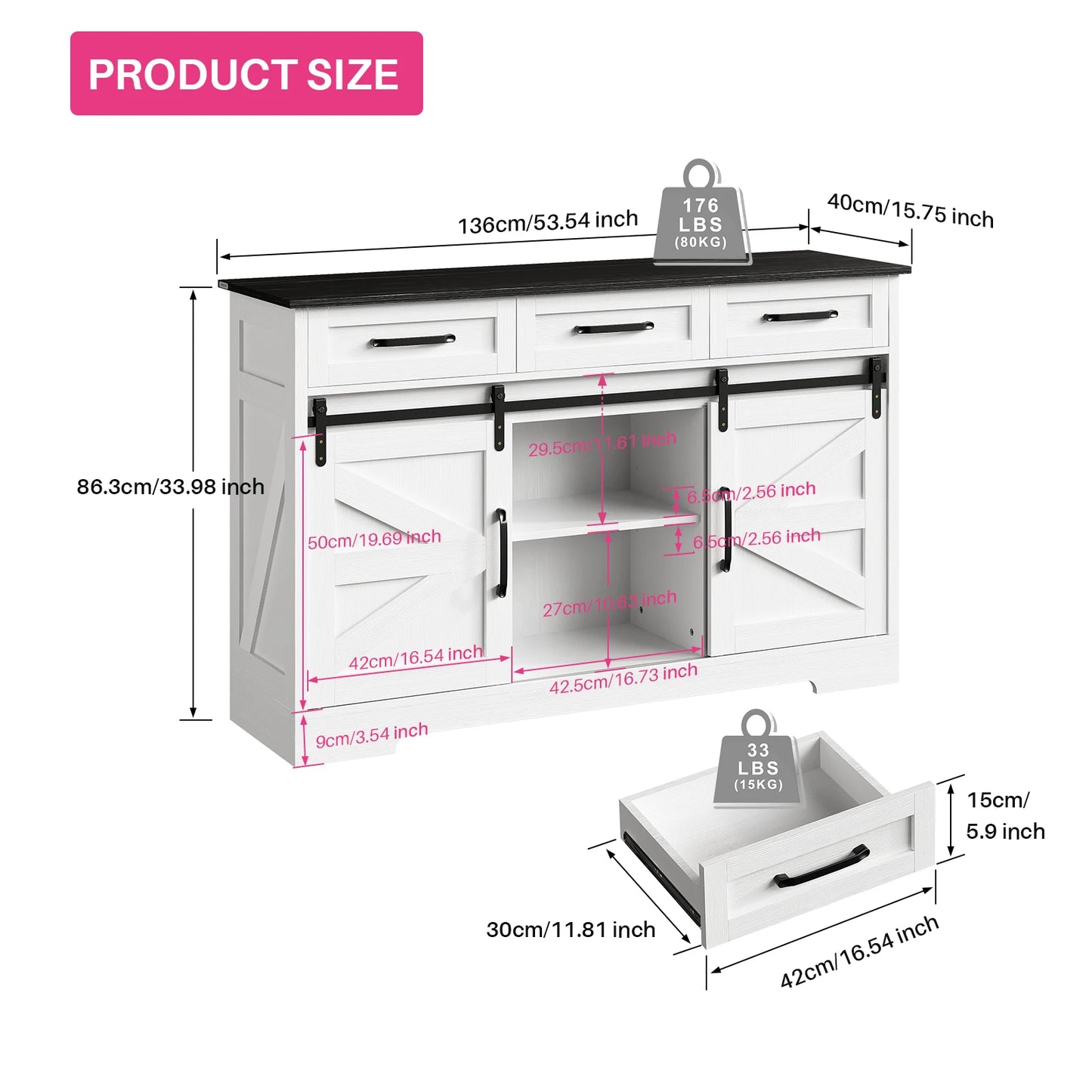 Redlife Sideboard Buffet Cabinet 53.54 Wide With Adjustable Shelves Sliding Doors Coffee Bar Storage Dining Room