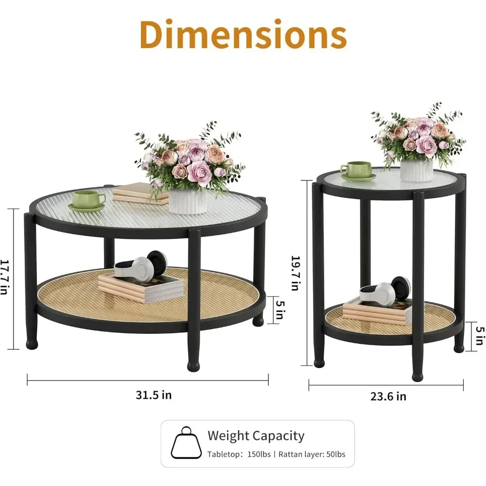 Rattan Round Coffee Table Set of 2 Farmhouse Boho Wood Two Tier Storage