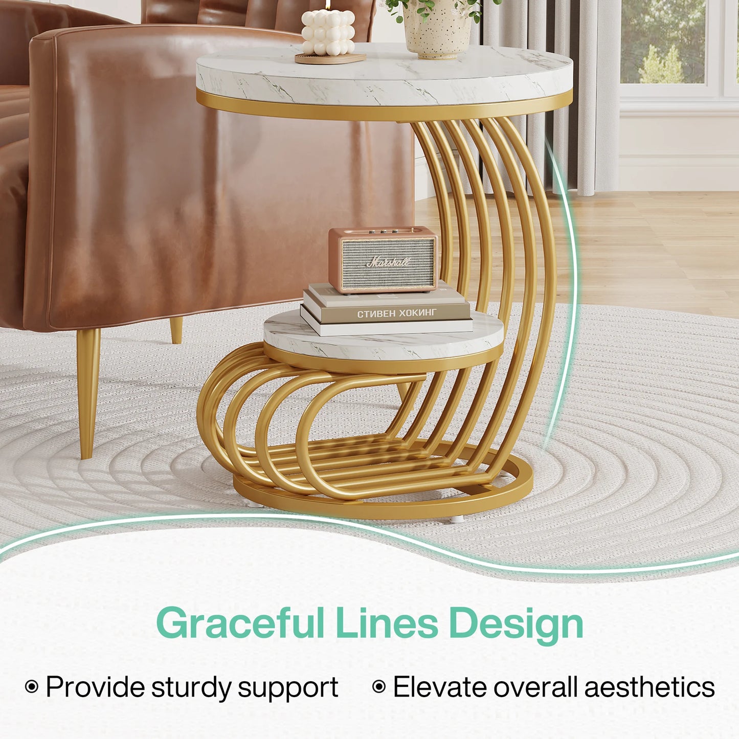 Tribesigns Gold Round End Table With Faux Marble 2 Tiers Storage Nightstand