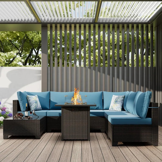 Outdoor Patio Furniture Set with Fire Pit Table Wicker Sofa