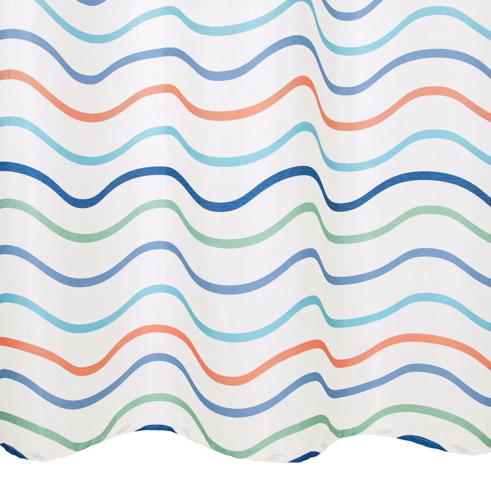Coastal 13 Piece Fabric Shower Curtain Set With Chrome Hooks Wavy Stripe Design Bathroom Privacy And Water Protection
