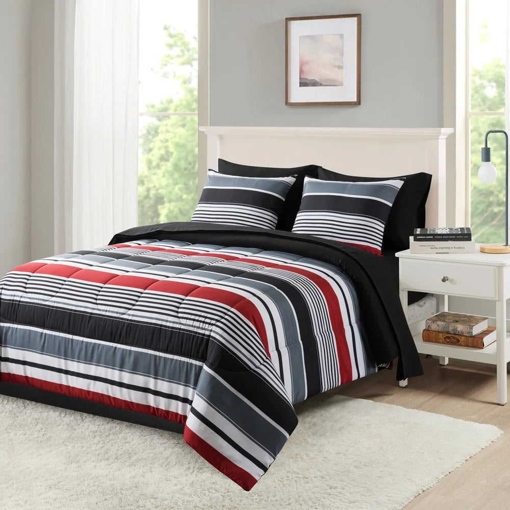 7 Piece Reversible Queen Bedding Set Comforter Sheets Pillowcases Shams Soft Polyester Machine Washable Storage Bag