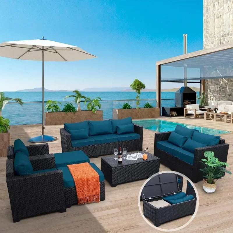 Peacock Blue 7 Piece Patio Furniture Set With Anti Slip Cushions And Covers
