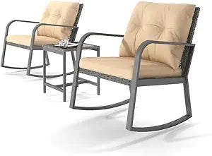 3 Piece Outdoor Rocking Bistro Set With Wicker Patio Furniture