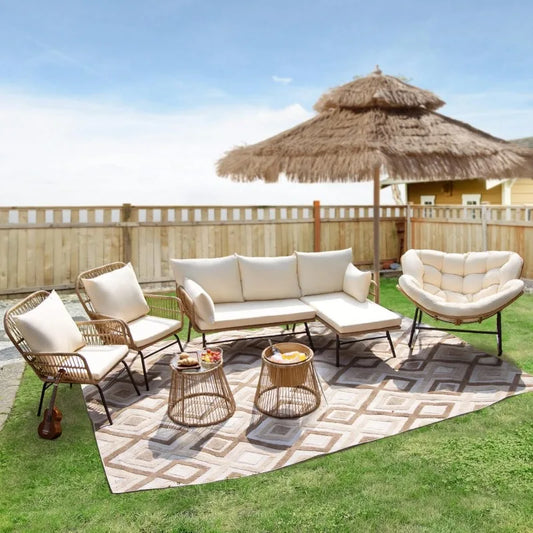 Bohemian Outdoor 7 Piece Wicker Patio Sectional Sofa With Rocker Chair Beige