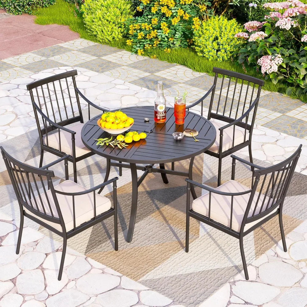 Outdoor Round Dining Table for Four 42 Inch Wrought Iron Umbrella Hole Patio