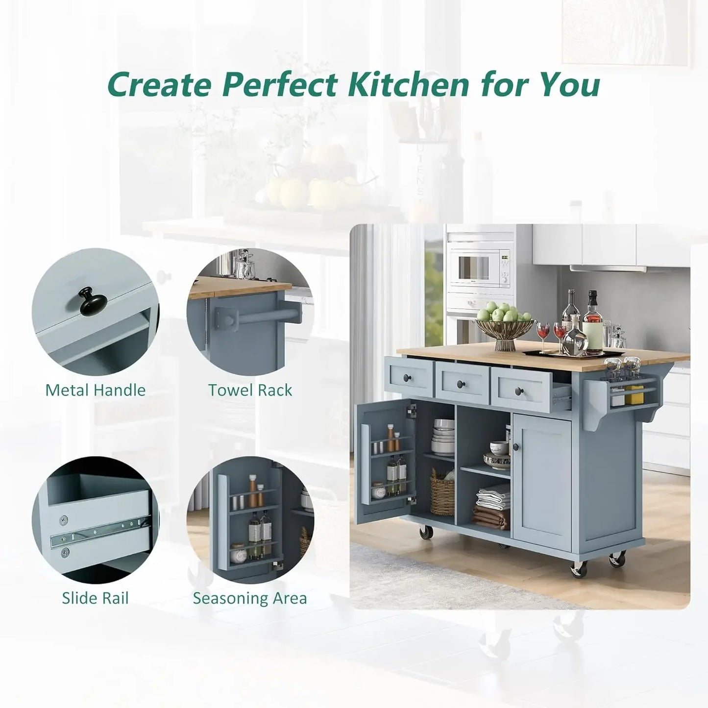 Gray Blue Kitchen Island On Wheels With Drop Leaf Storage