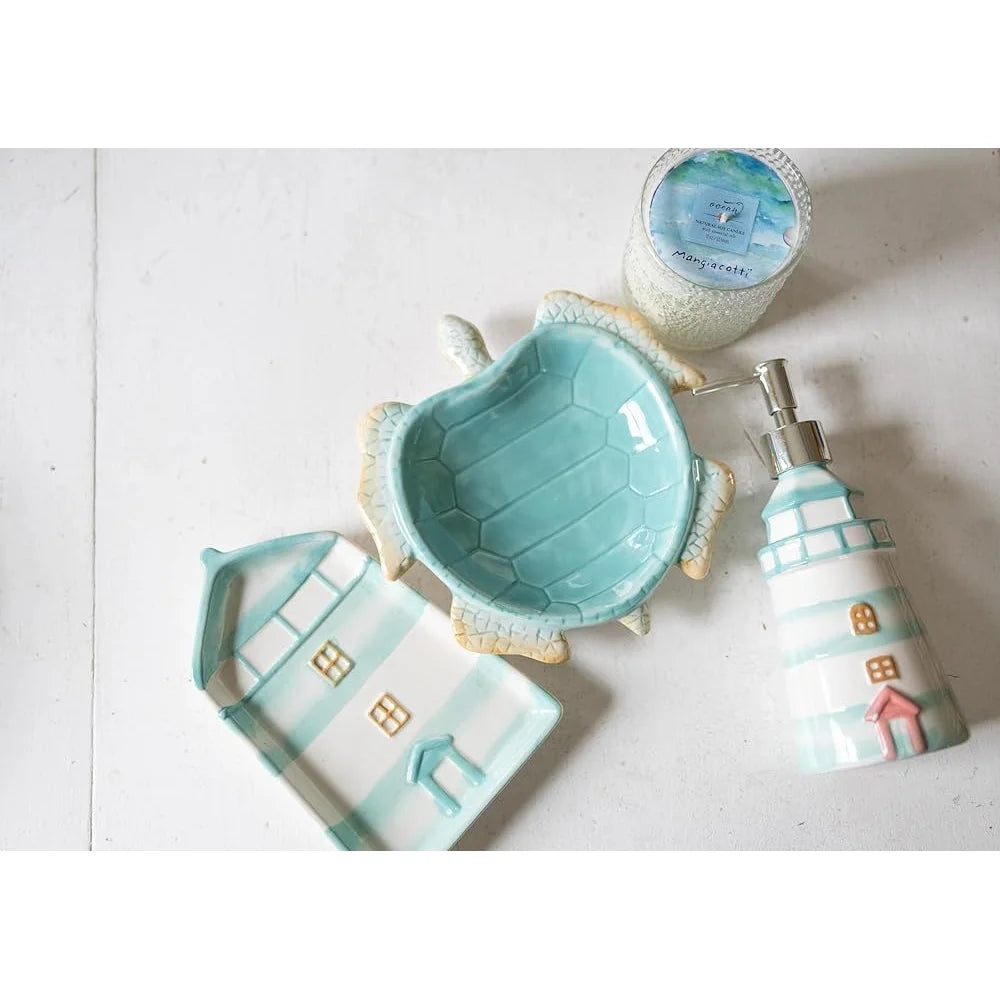 Ceramic Soap Dispenser Nautical Beach Hand Soap Pump Refillable 13oz Liquid Container Coastal Home Decor Bathroom