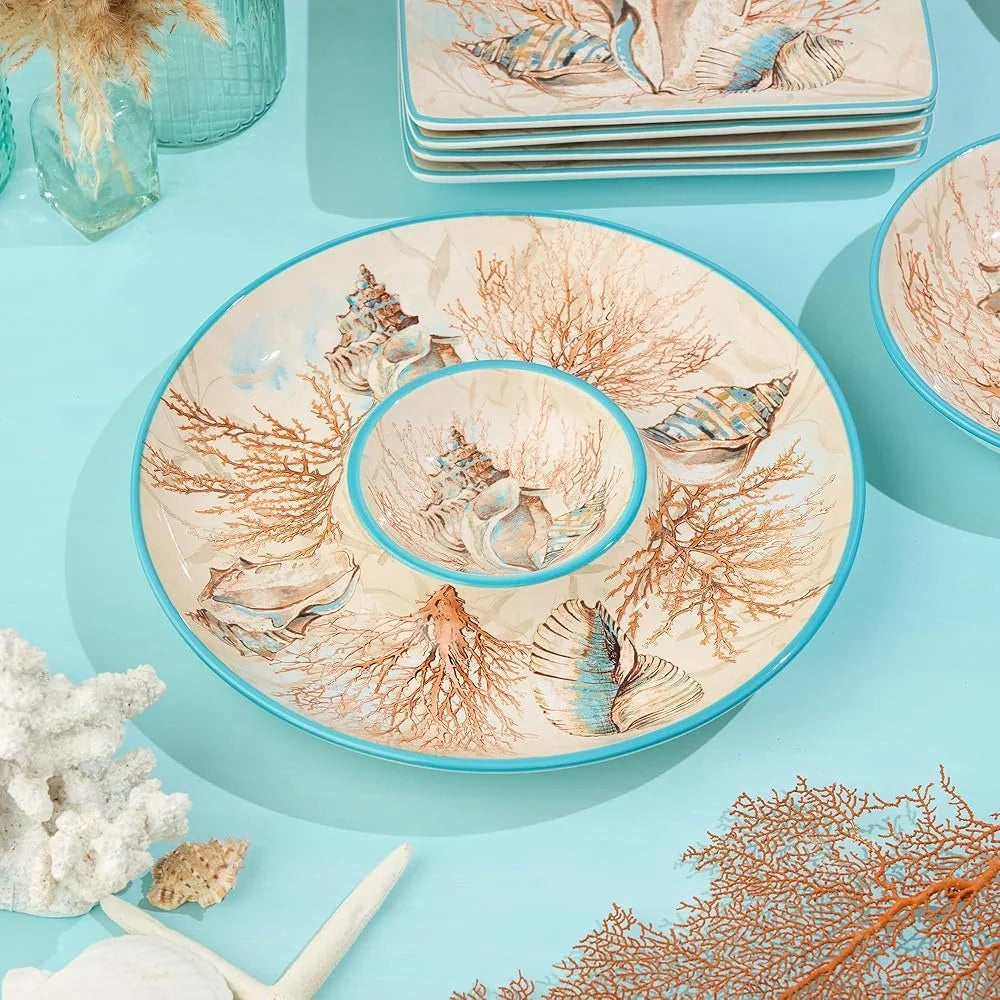 Coastal Seashell Coral Chip Dip Set 13.75 Inch Durable Ceramic Dishwasher Safe Ideal for Entertaining Parties
