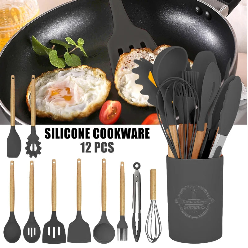 12 Piece Silicone Kitchen Utensils Set Nonstick Spatula Shovel Egg Beaters Baking Tools With Storage Bucket