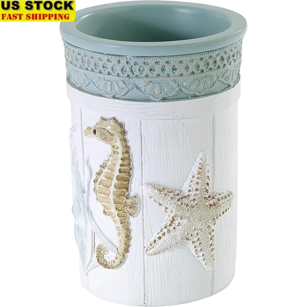 Farmhouse Shell Tumbler Countertop Organizer Bathroom Accessories Nautilus 100 Percent Resin Easy Care Coastal Decor