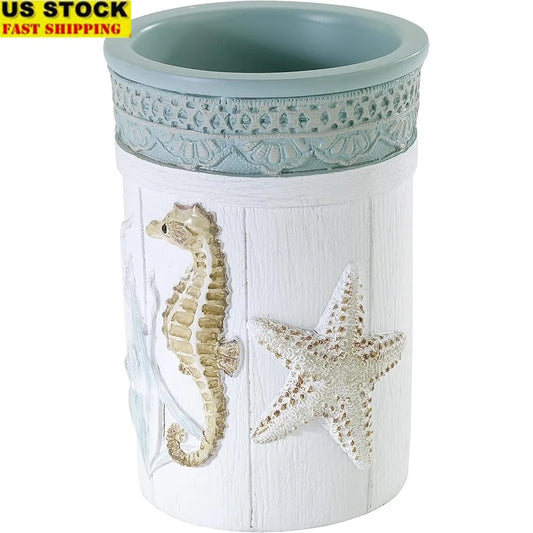 Farmhouse Shell Tumbler Countertop Organizer Bathroom Accessories Nautilus 100 Percent Resin Easy Care Coastal Decor