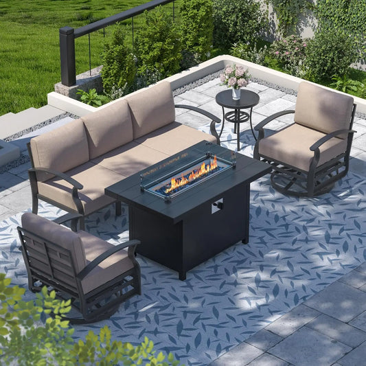Aluminum Patio Set With Fire Pit And Cushioned Swivel Chairs