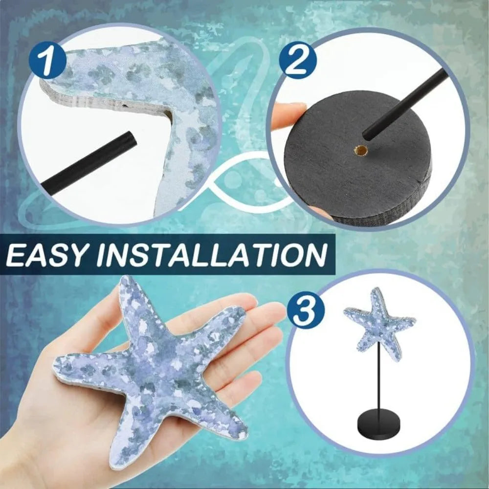 Set Of 3 Coastal Nautical Turtle And Starfish Wooden Block Decor Centerpieces