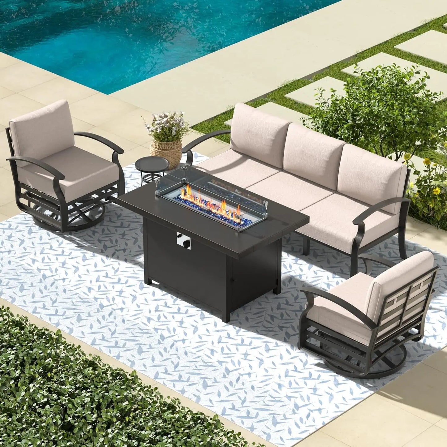 Aluminum Patio Set With Fire Pit And Cushioned Swivel Chairs