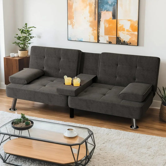 Modern Linen Upholstered Convertible Folding Futon Sofa Bed with Removable Armrests and Metal Legs for Living Room