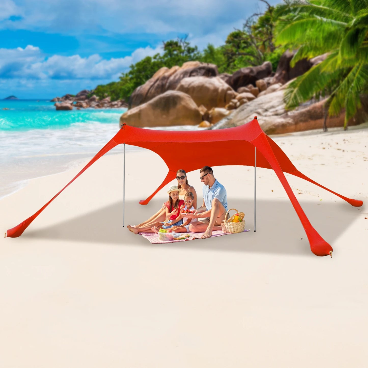 Red 2m x 1.6m Beach Elastic Sunshade Outdoor Tent for 2-3 People Ideal for Camping Fishing and Picnics