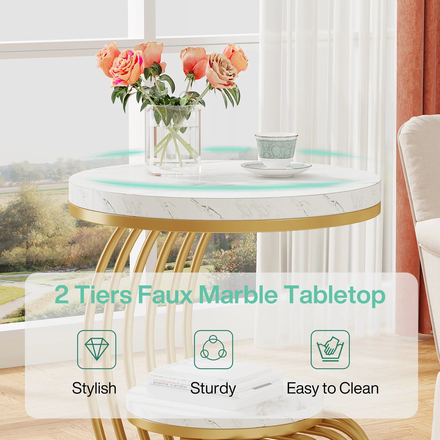 Tribesigns Gold Round End Table 2 Tiers Faux Marble Storage