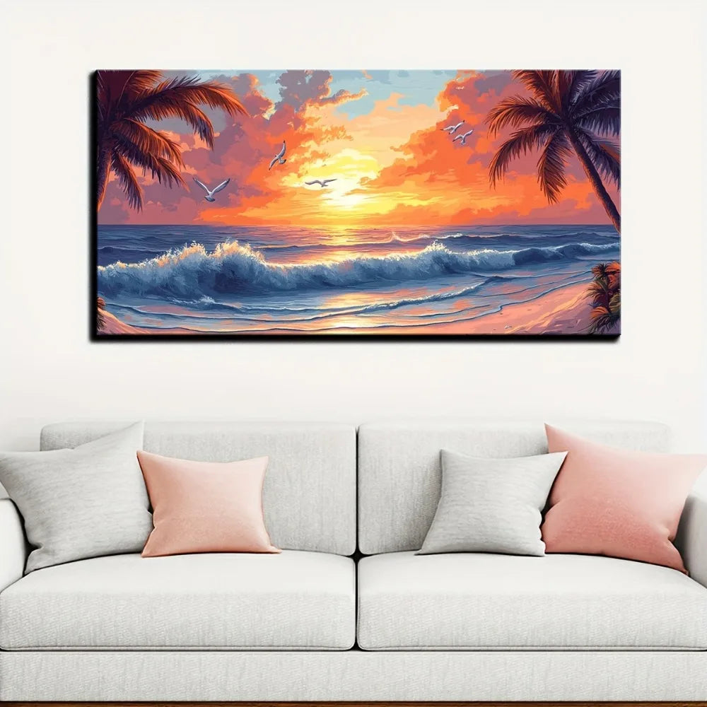 Ocean Sunset Beach Oil Painting With Pine Wood Frame