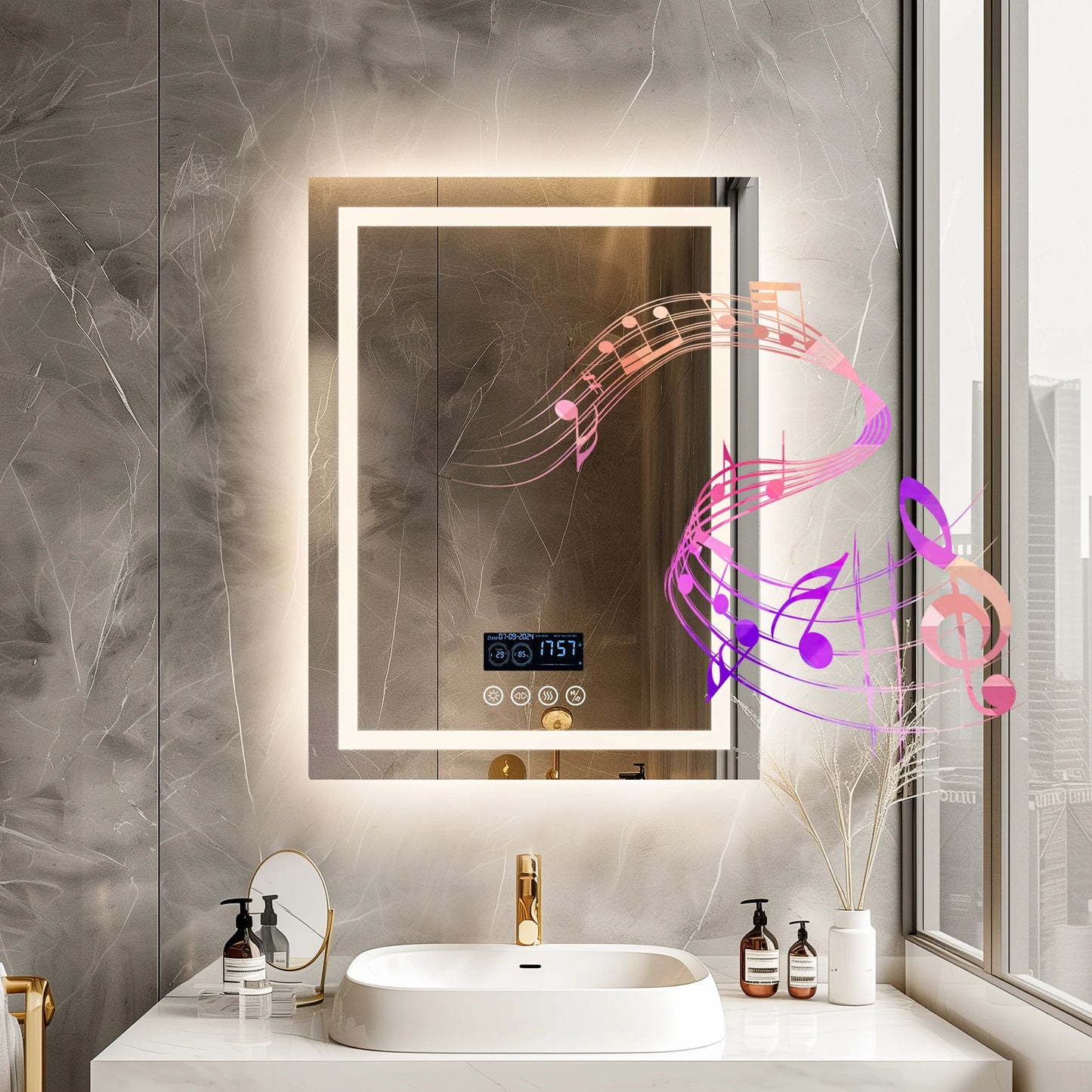 LED Lighted Bathroom Mirror With Bluetooth Speaker RGB Lighting Wall Mount