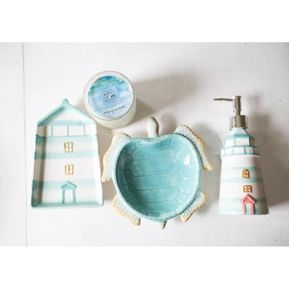 Ceramic Soap Dispenser Nautical Beach Hand Soap Pump Refillable 13oz Liquid Container Coastal Home Decor Bathroom