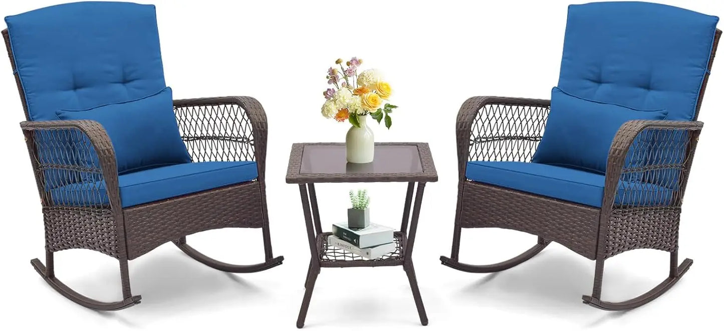 3 Piece Patio Wicker Rocker Set With Cushions Pillows