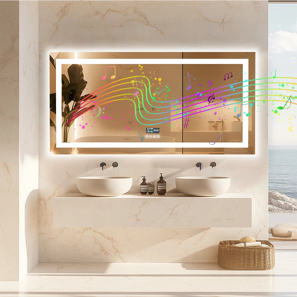LED Lighted Bathroom Mirror With Bluetooth Speaker RGB Lighting Wall Mount