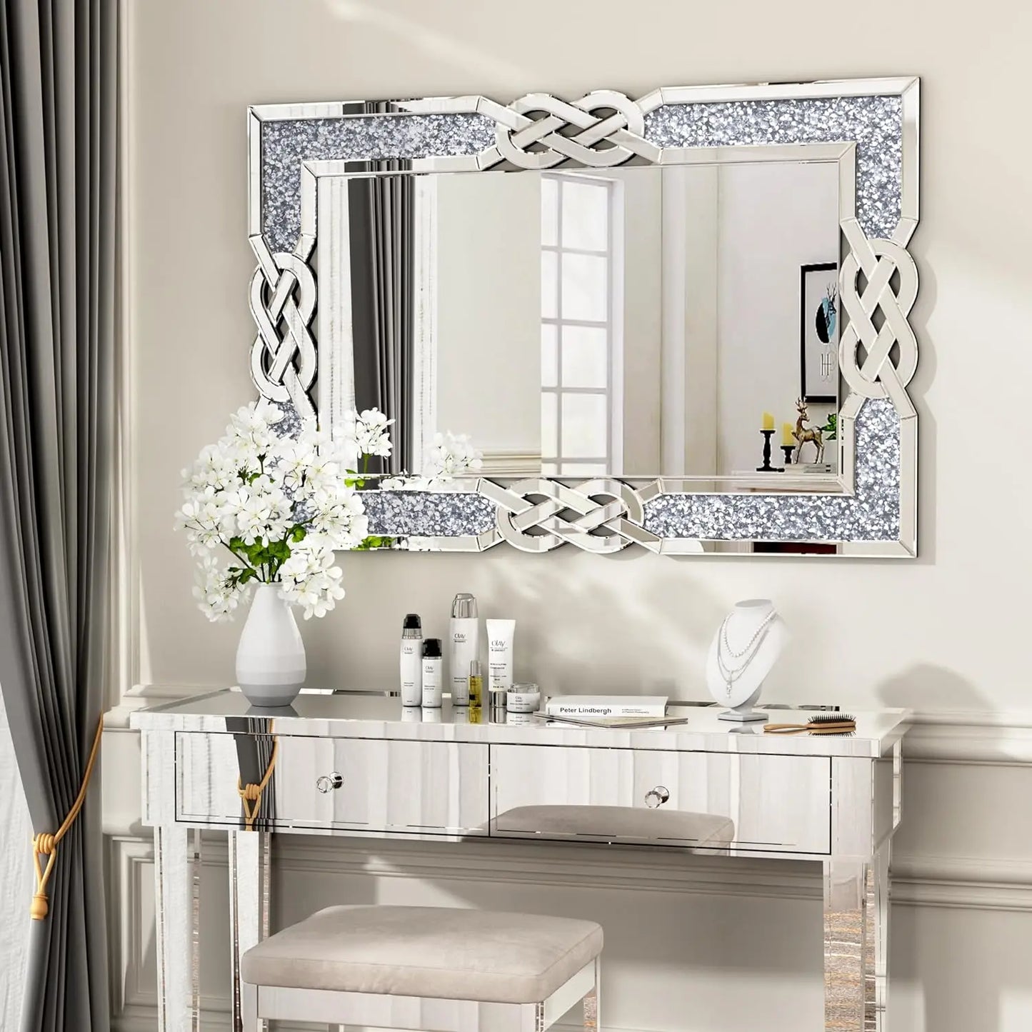 Large Crystal Diamond Vanity Mirror Wall Hang 90 100 120cm for Bedroom