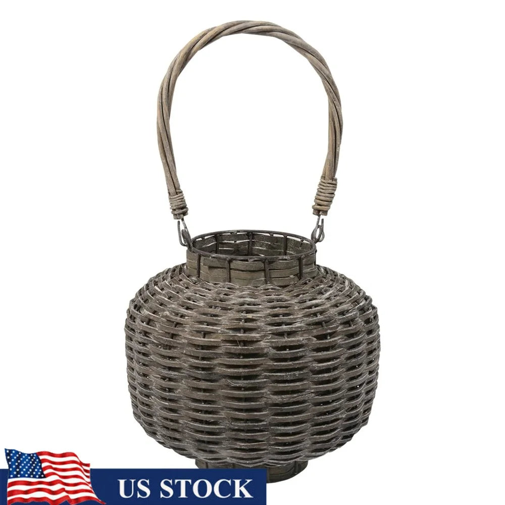 Rustic Gray Wood Lantern Beach Day Woven Pillar Holder