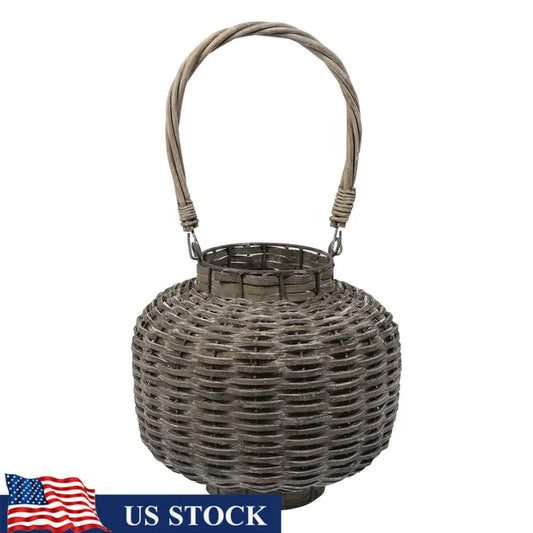 Rustic Gray Wood Lantern Beach Day Woven Pillar Holder