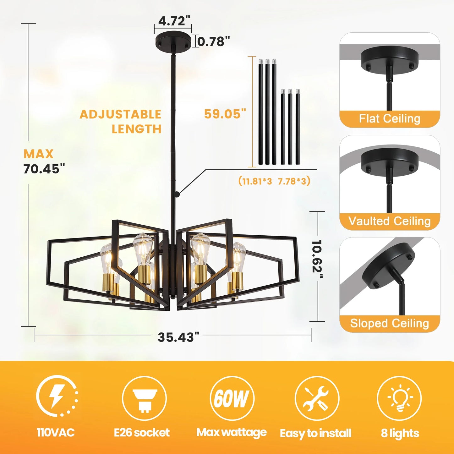 Geometric 8 Light Chandelier Adjustable Height Metal Pendant Light Black Frame