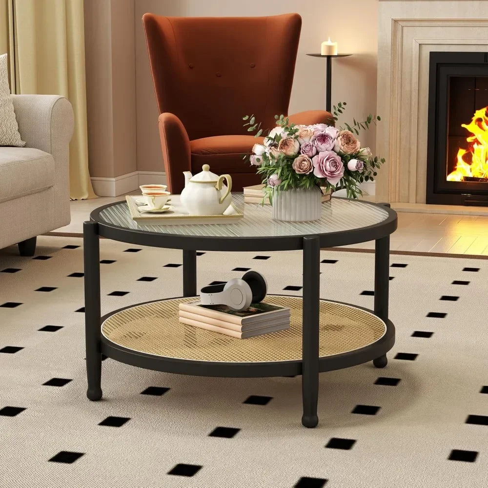 Rattan Round Coffee Table Set of 2 Farmhouse Boho Wood Two Tier Storage