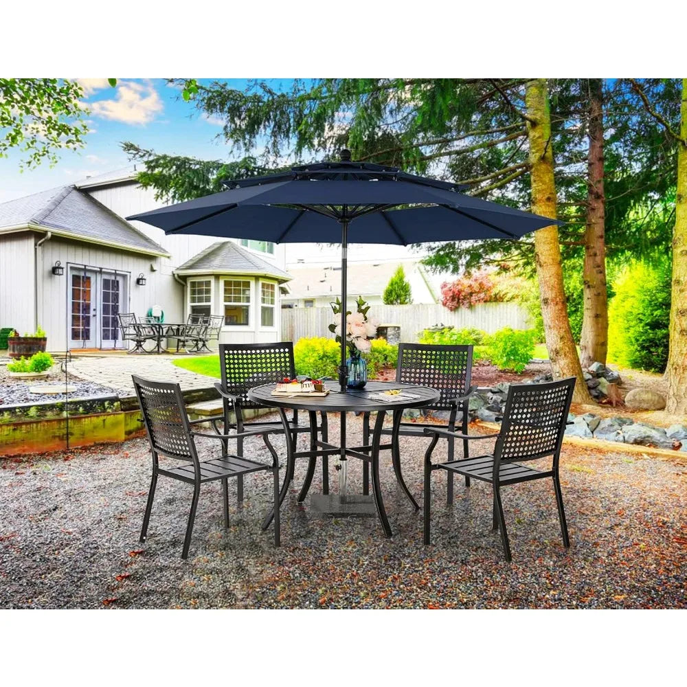 Outdoor Round Dining Table for Four 42 Inch Wrought Iron Umbrella Hole Patio
