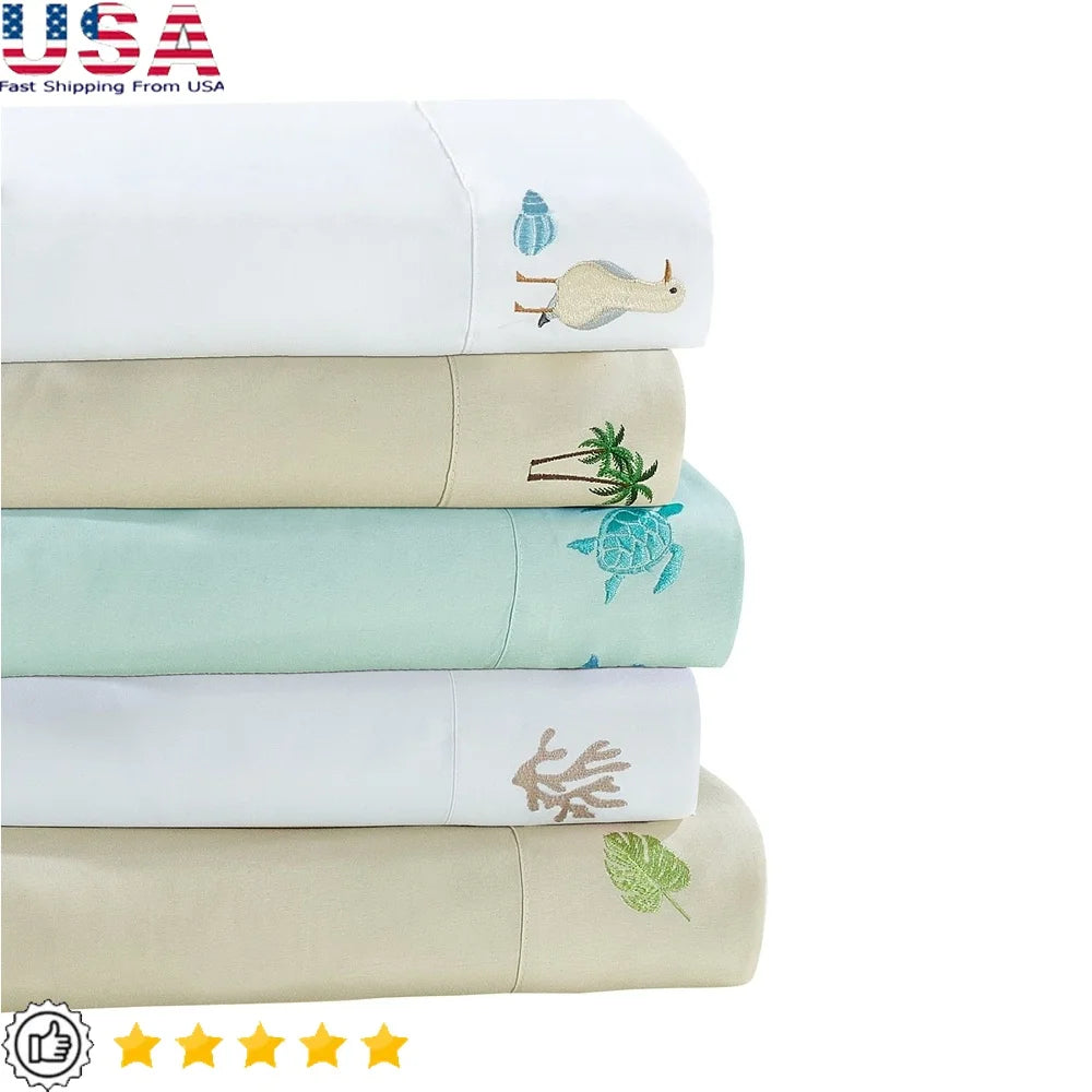 Embroidered Palm Tree Grove King Sheet Set Hypoallergenic Lightweight 4 Piece Polyester Bedding Fitted Flat Pillowcase
